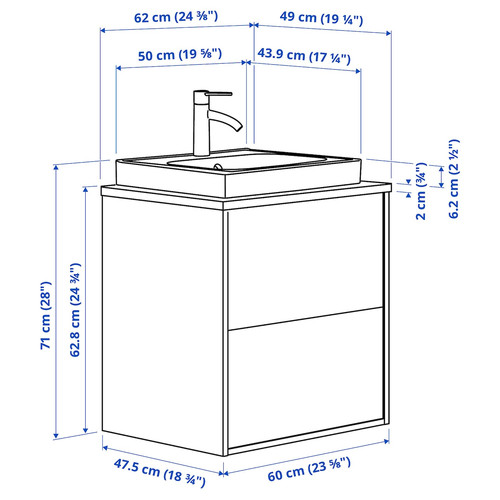 HAVBÄCK / ORRSJÖN Wash-stnd w drawers/wash-basin/tap, white/bamboo, 62x49x71 cm