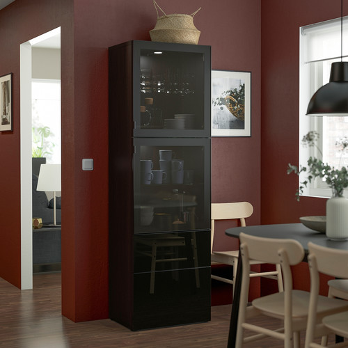BESTÅ Storage combination w glass doors, black-brown, Selsviken high-gloss/black smoked glass, 60x42x192 cm
