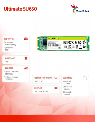 Adata SSD Ultimate SU650 1TB M.2 2280 TLC 3D SATA