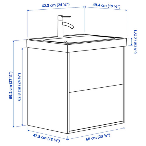 HAVBÄCK / ORRSJÖN Wash-stnd w drawers/wash-basin/tap, white, 62x49x69 cm