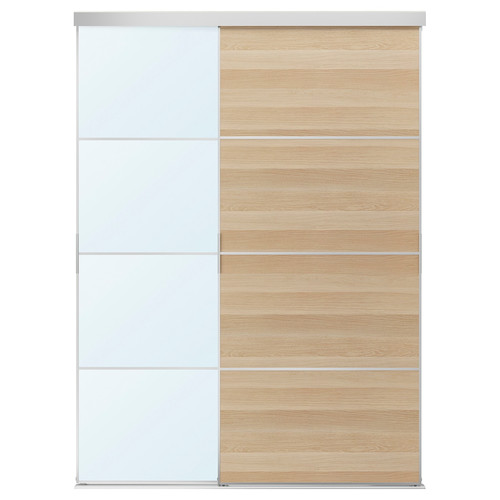 SKYTTA / MEHAMN/AULI Sliding door combination, aluminium double sided/white stained oak effect mirror glass, 177x240 cm