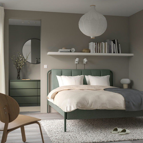 TÄLLÅSEN Upholstered bed frame with mattress, Kulsta grey-green/Åkrehamn firm, 160x200 cm