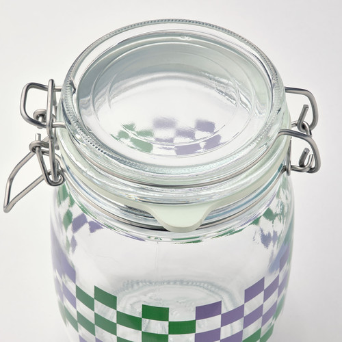 KORKEN Jar with lid, clear glass patterned/bright green lilac, 1 l