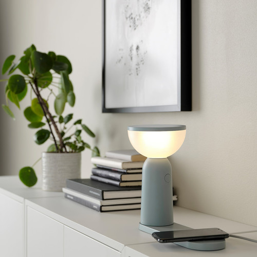 BETTORP LED mobile lamp w wireless charging, dimmable light grey-blue