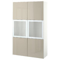 BESTÅ Storage combination w glass doors, white/Selsviken high-gloss/beige frosted glass, 120x42x193 cm