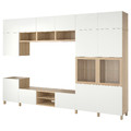 BESTÅ TV storage combination/glass doors, white stained oak veneer Lappviken/Sindvik clear glass, 360x42x240 cm