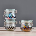 KORKEN Jar with lid, clear glass/check pattern black, 13 cl, 3 pack
