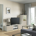 BESTÅ TV storage combination/glass doors, white Sindvik/Lappviken light grey/beige, 240x42x129 cm