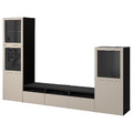 BESTÅ TV storage combination/glass doors, black-brown Sindvik/Lappviken light grey/beige, 300x42x193 cm