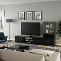 BESTÅ TV storage combination/glass doors, black-brown/Selsviken high-gloss/black clear glass, 240x42x129 cm