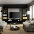 BESTÅ TV storage combination/glass doors, black-brown/Selsviken high-gloss/black clear glass, 300x42x231 cm