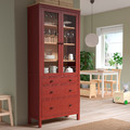 HEMNES Glass-door cabinet with 3 drawers, red stained/light brown stained, 90x197 cm