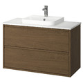 ÄNGSJÖN / BACKSJÖN Wash-stnd w drawers/wash-basin/tap, brown oak effect/white marble effect, 102x49x71 cm