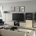 BESTÅ TV storage combination/glass doors, black-brown/Selsviken high-gloss/beige smoked glass, 240x42x129 cm