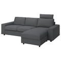 VIMLE Cover 3-seat sofa w chaise longue, with headrest with wide armrests/Hallarp grey