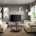 BESTÅ TV storage combination/glass doors, white/Selsviken high-gloss/beige frosted glass, 300x42x211 cm