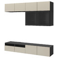 BESTÅ TV storage combination/glass doors, black-brown/Selsviken high-gloss/beige clear glass, 240x42x231 cm