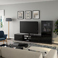 BESTÅ TV storage combination/glass doors, black-brown/Selsviken high-gloss/black smoked glass, 240x42x129 cm