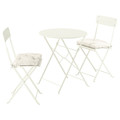 SUNDSÖ Table and 2 folding chairs, outdoor off-white/off-white Kuddarna light grey-beige, 65 cm