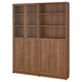 BILLY / OXBERG Bookcase with panel/glass doors, brown walnut effect/clear glass, 160x30x202 cm