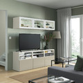 BESTÅ TV storage combination/glass doors, white/Selsviken high gloss/beige clear glass, 180x42x192 cm