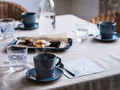 FÄRGKLAR Teacup with saucer, glossy dark turquoise, 25 cl, 4 pack