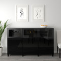 BESTÅ Storage combination with doors, black-brown, Selsviken high-gloss/black, clear glass, 180x40x112 cm