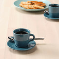 FÄRGKLAR Cup with saucer, glossy dark turquoise, 7 cl, 4 pack