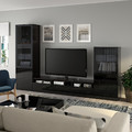 BESTÅ TV storage combination/glass doors, black-brown/Selsviken high-gloss/black smoked glass, 300x42x193 cm