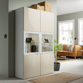 BESTÅ Storage combination w/glass doors, white/Selsviken high gloss/beige clear glass, 120x42x193 cm