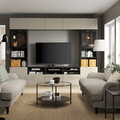 BESTÅ TV storage combination/glass doors, black-brown/Selsviken high-gloss/beige clear glass, 300x42x231 cm