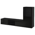 BESTÅ TV storage combination/glass doors, black-brown/Selsviken high-gloss/black clear glass, 240x42x129 cm