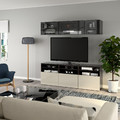 BESTÅ TV storage combination/glass doors, black-brown/Selsviken high-gloss/beige clear glass, 180x42x192 cm