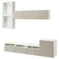 BESTÅ TV storage combination/glass doors, white/Selsviken high-gloss/beige clear glass, 300x42x211 cm