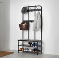 PINNIG Coat rack with shoe storage bench, black, 193 cm