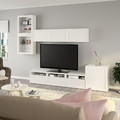 BESTÅ TV storage combination/glass doors, white/Hanviken white clear glass, 300x42x211 cm