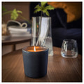 FRUKTSKOG Scented candle in ceramic jar, Vetiver & geranium/black-turquoise, 50 hr