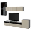 BESTÅ TV storage combination/glass doors, black-brown/Selsviken high-gloss/beige clear glass,  300x42x211 cm