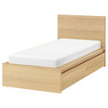 MALM Bed frame, high, w 2 storage boxes, white stained oak, Luröy, 90x200 cm