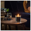 FRUKTSKOG Scented candle in glass, Vetiver & geranium/black-turquoise, 40 hr