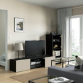 BESTÅ TV storage combination/glass doors, black-brown Sindvik/Lappviken light grey/beige, 240x42x129 cm