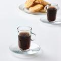 SÄLLSKAPLIG Cup with saucer, clear glass/patterned, 7 cl, 4 pack