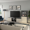 BESTÅ TV storage combination/glass doors, black-brown/Selsviken high-gloss/beige clear glass, 240x42x129 cm