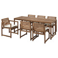 NÄMMARÖ Table+6 chairs w armrests, outdoor, light brown stained/Kuddarna light grey-beige, 200x75 cm