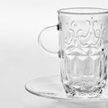 SÄLLSKAPLIG Cup with saucer, clear glass/patterned, 7 cl, 4 pack