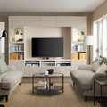 BESTÅ TV storage combination/glass doors, white Sindvik/Lappviken light grey/beige, 300x42x231 cm