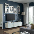 BESTÅ TV bench with doors, white, Selsviken light grey-blue, 180x42x38 cm