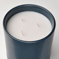 FRUKTSKOG Scented candle in ceramic jar w lid, Vetiver & geranium/black-turquoise, 60 hr