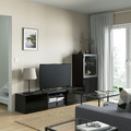 BESTÅ TV storage combination/glass doors, black-brown/Selsviken high-gloss/black clear glass, 240x42x129 cm