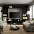 BESTÅ TV storage combination/glass doors, black-brown/Selsviken high-gloss/black smoked glass, 300x42x231 cm